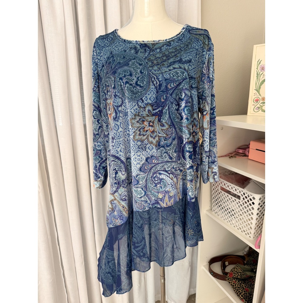 One World Blue Paisley Velvet Sheer Embellished Asymmetrical Tunic Top XL NWT
